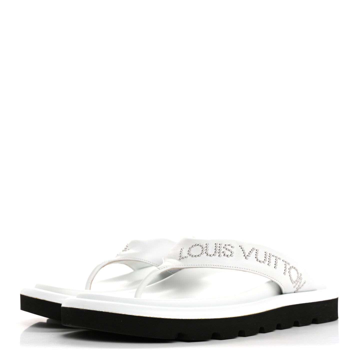 Calfskin Logo Studded Pillow Flat Thong Sandals 35 White