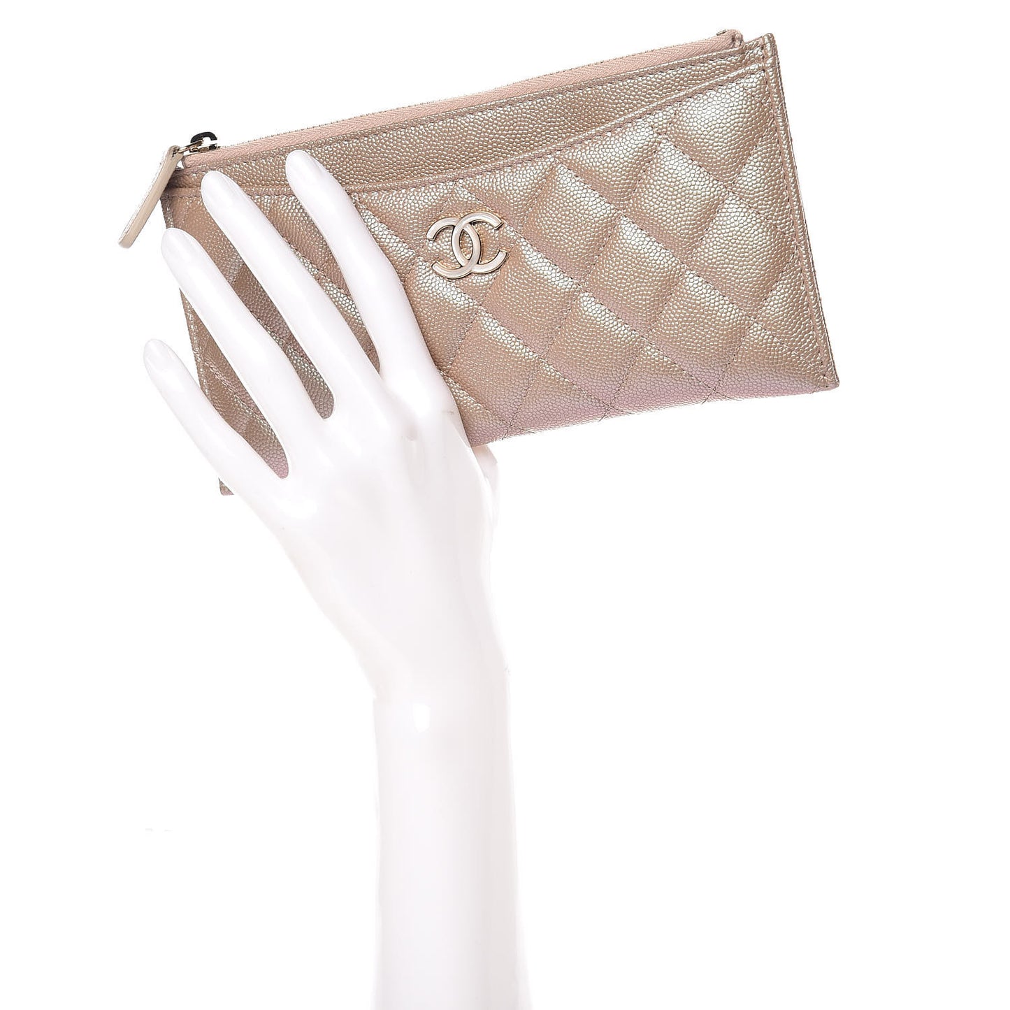 Iridescent Caviar Quilted Classic Zip Pouch Beige