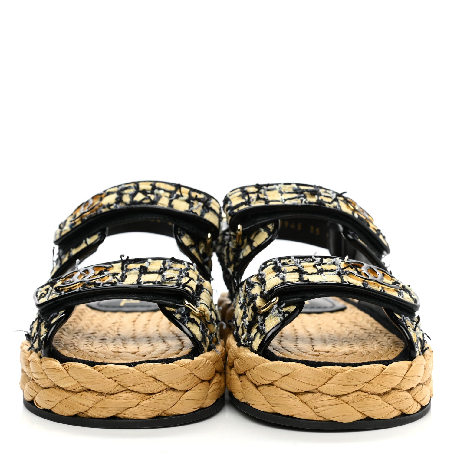 Chanel Tweed Patent Calfskin Velcro Dad Sandals 35 Yellow Black Gray 2 of 9