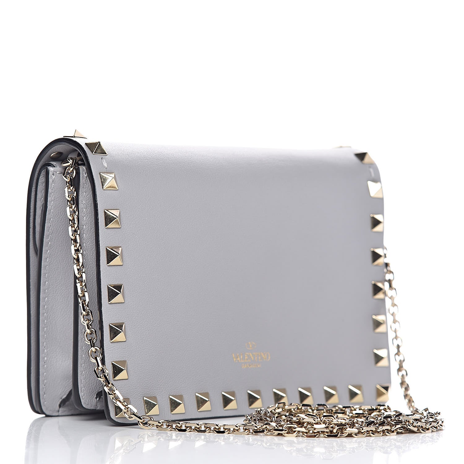 Valentino Garavani Calfskin Rockstud Wallet on Chain Pastel Grey 3 of 11
