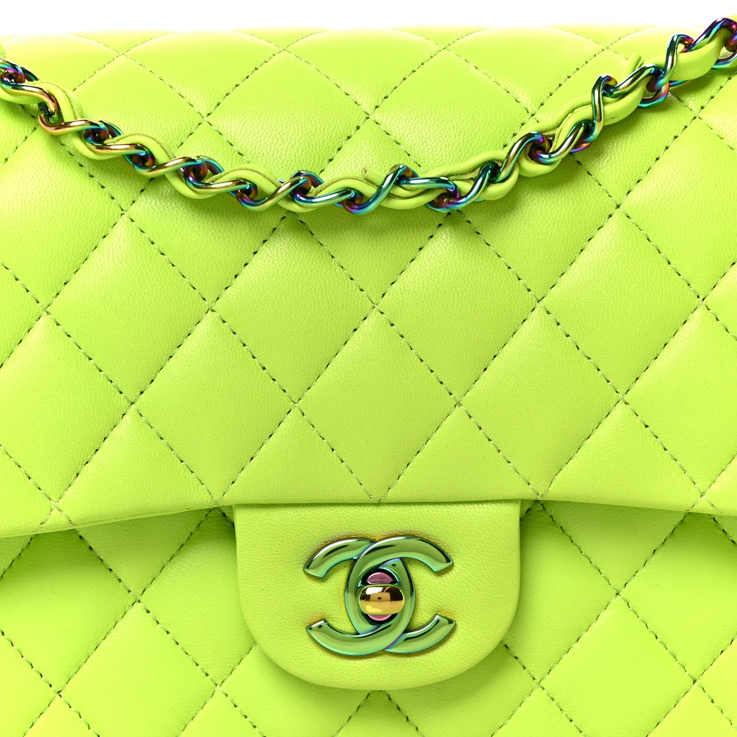 Chanel Lambskin Quilted Rainbow CC Medium Double Flap Neon Green Neon Green 9 of 12