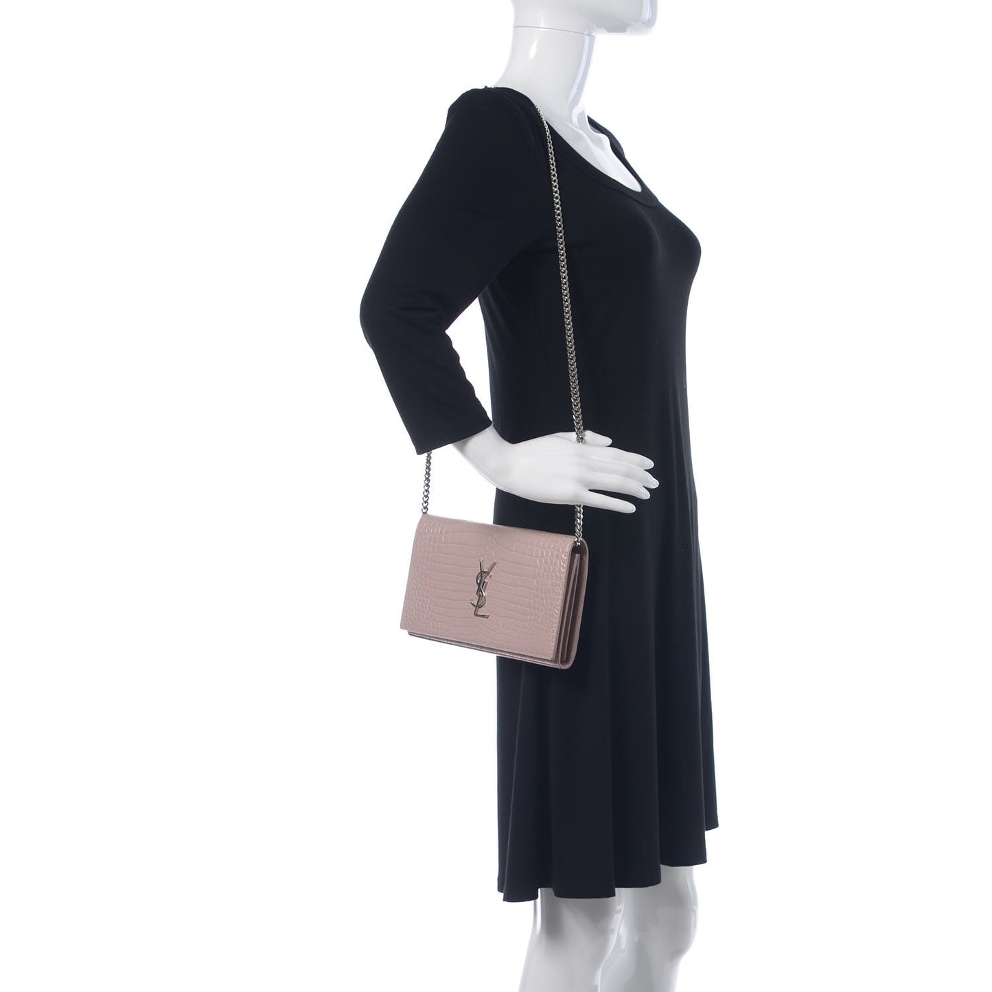 Calfskin Crocodile Embossed Monogram Chain Wallet Rose Antic