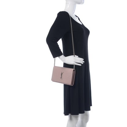 Saint Laurent Calfskin Crocodile Embossed Monogram Chain Wallet Rose Antic 2 of 10