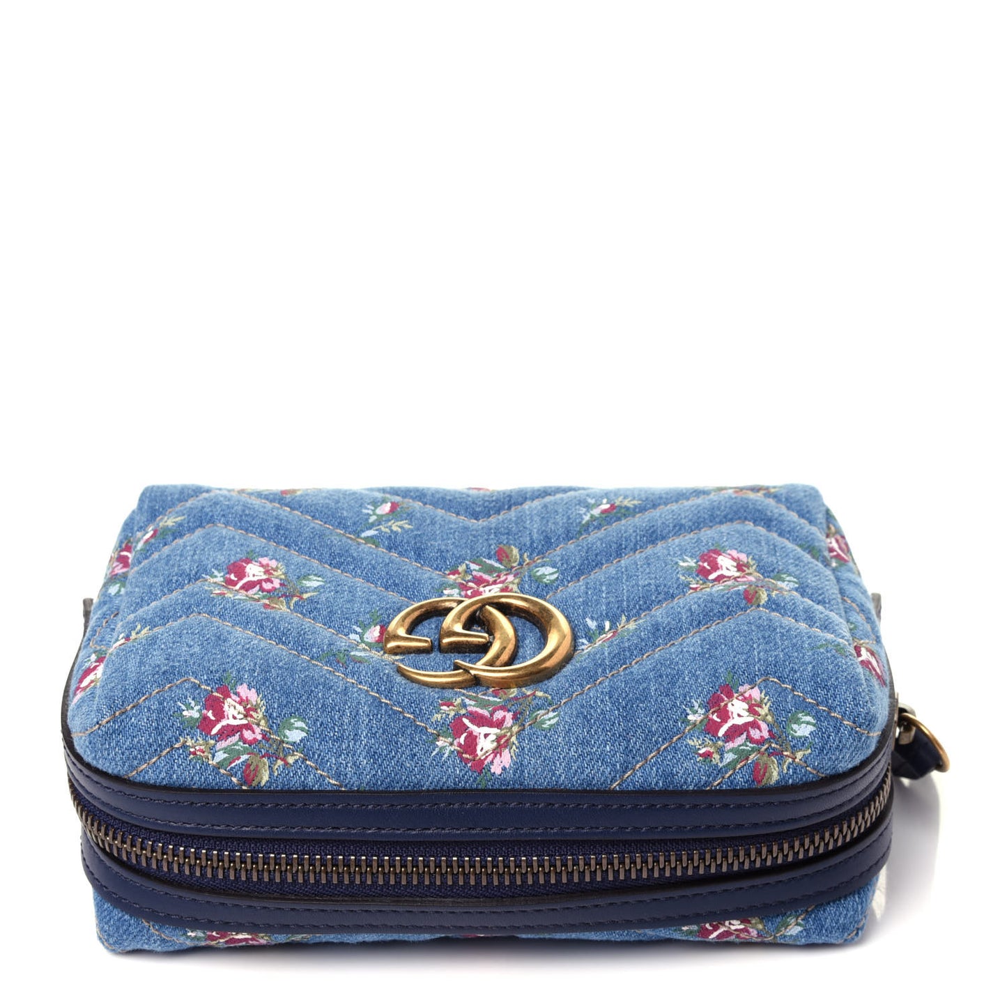 Denim Matelasse Flora GG Marmont Cosmetic Case Blue
