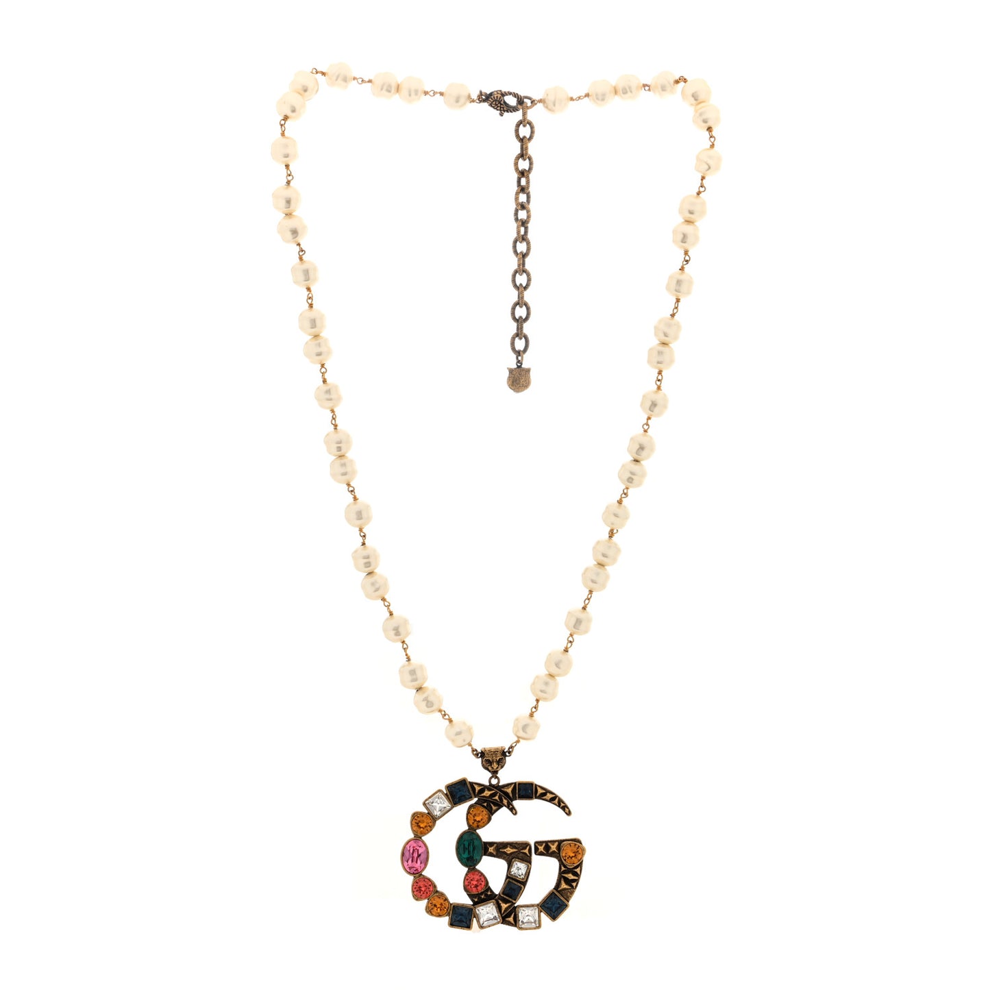 Crystal Pearl Double G Necklace Aged Gold Multicolor