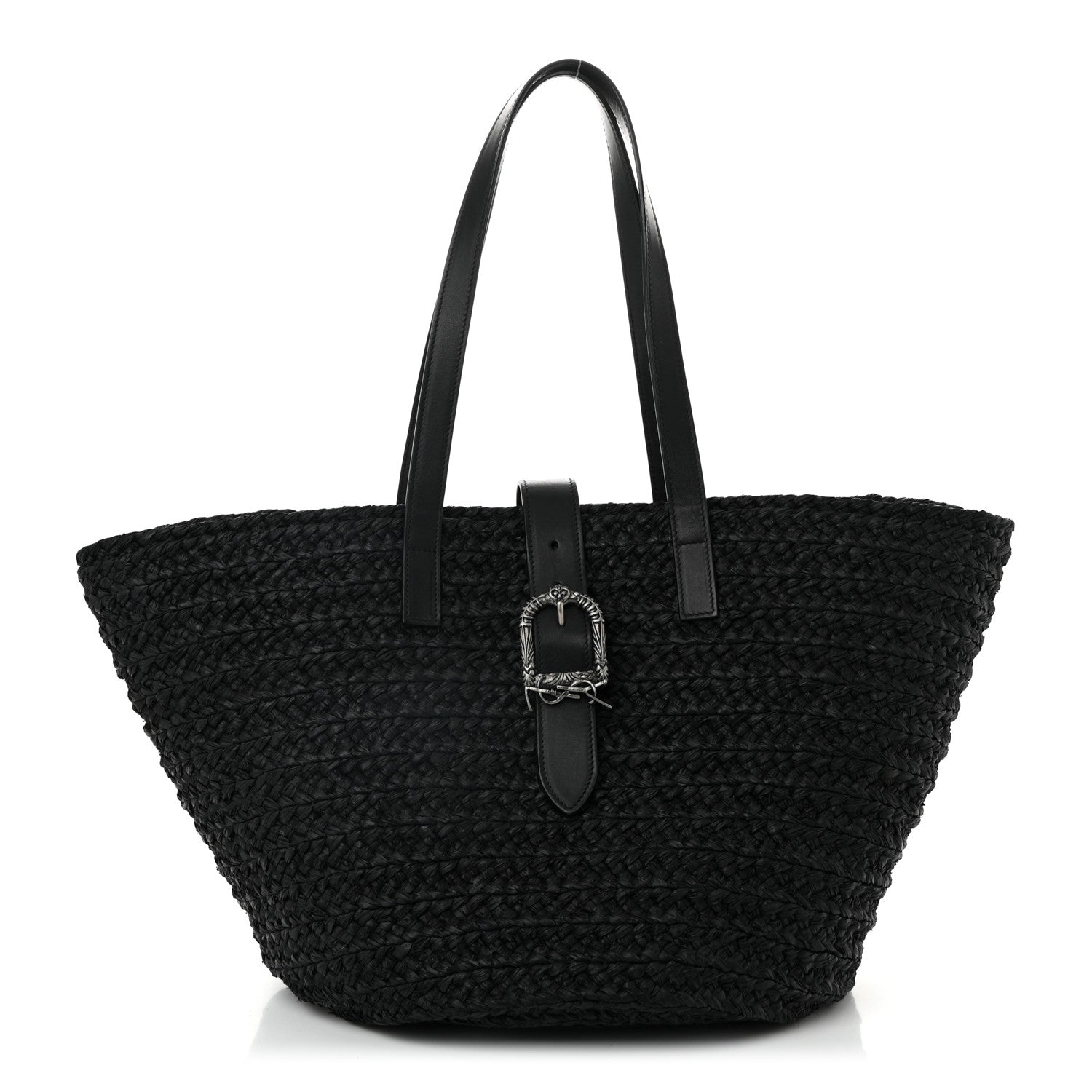 Saint Laurent Raffia Calfskin Celtic Buckle Medium Panier Tote Black 1 of 9