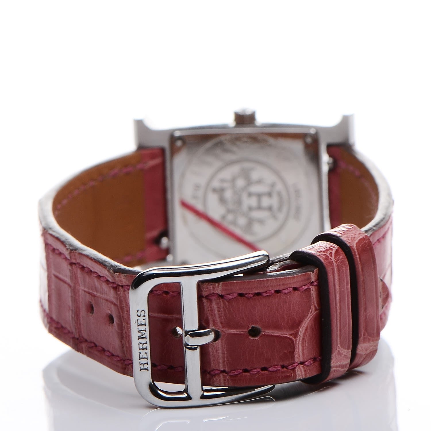 Hermes Stainless Steel Alligator Diamond Mother of Pearl 21mm Heure H Hour Quartz Watch Framboise 4 of 8