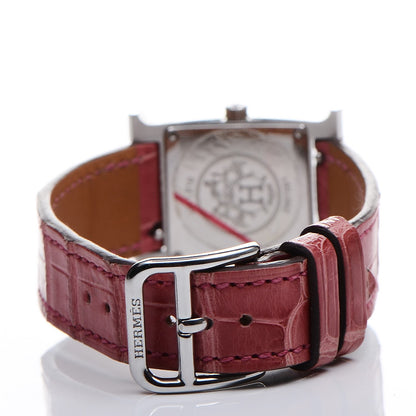 Hermes Stainless Steel Alligator Diamond Mother of Pearl 21mm Heure H Hour Quartz Watch Framboise 4 of 8