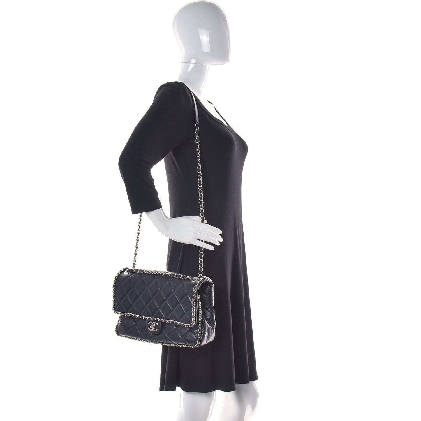 Crumpled Calfskin Quilted Large Chain All Over Flap Bag Black