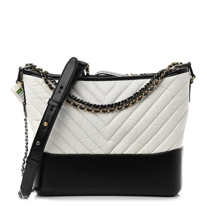 Chanel Aged Calfskin Chevron Quilted Medium Gabrielle Hobo White Black 1 of 10