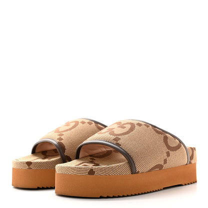 Gucci Monogram Jumbo GG Nappa Samoa Platform 40mm Slide Sandals 38 Camel Ebony New Acero 3 of 14