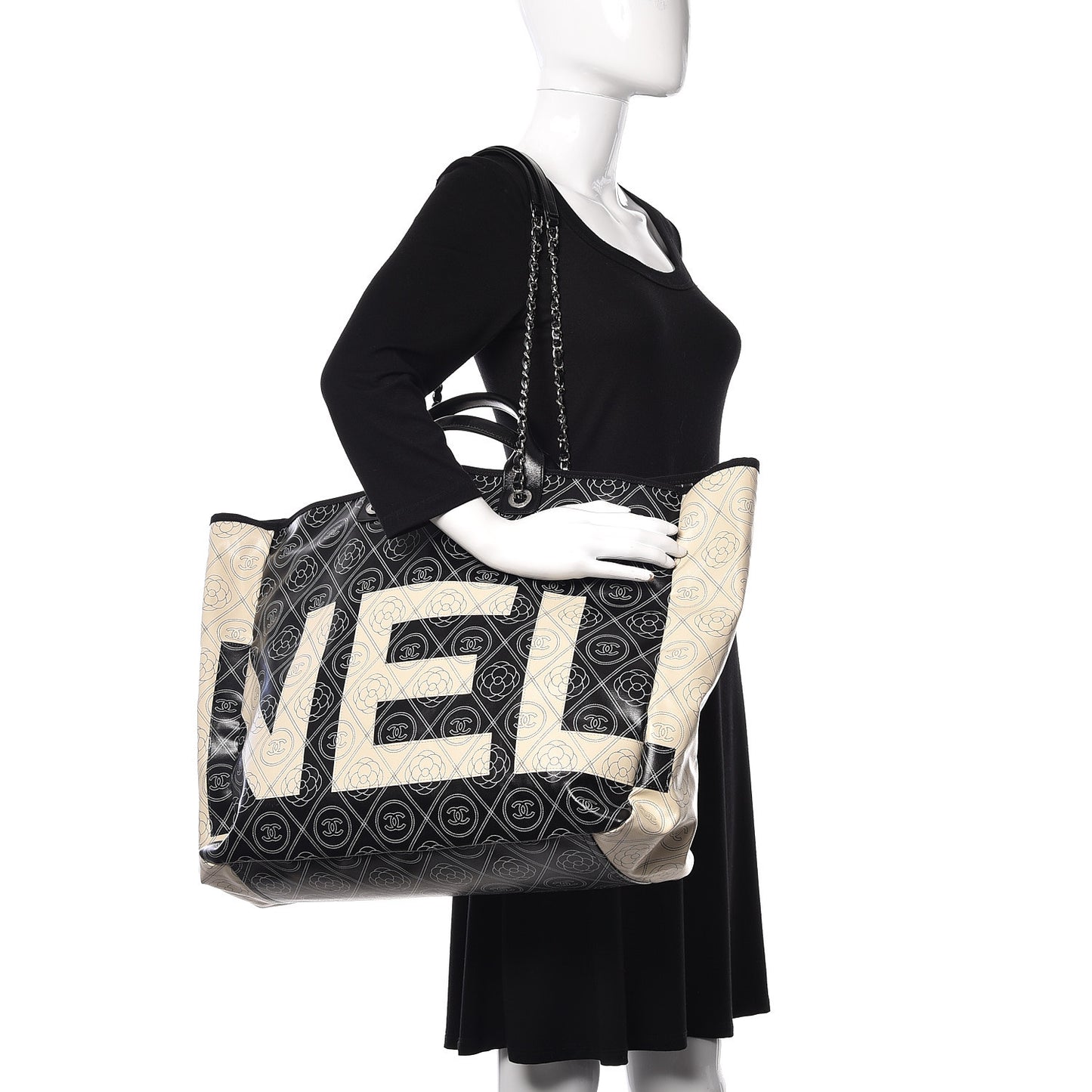 Coated Canvas Camellia Large Shopping Tote Black Beige