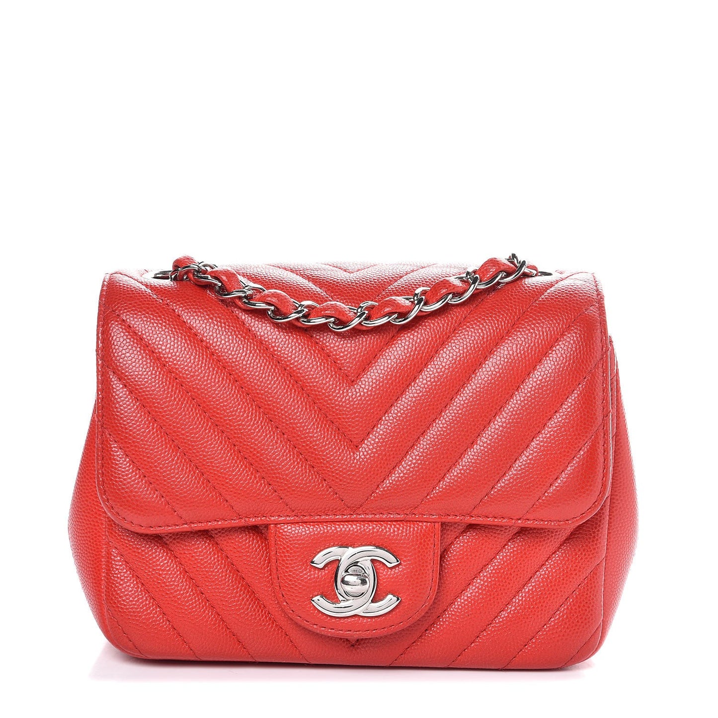 Caviar Chevron Quilted Mini Square Flap Red