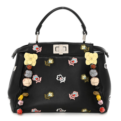 Fendi Nappa Rosebud Embroidered Mini Peekaboo Iconic Satchel Black Multicolor 1 of 12