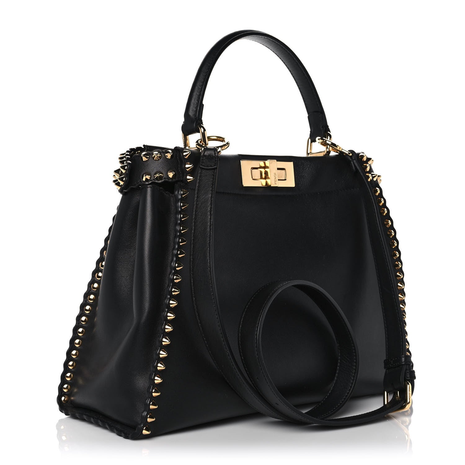 Fendi Vitello Seta Shiny Nappa Scalloped Studded Medium Peekaboo Iconic Satchel Black 3 of 11