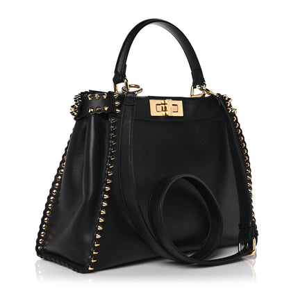 Fendi Vitello Seta Shiny Nappa Scalloped Studded Medium Peekaboo Iconic Satchel Black 3 of 11