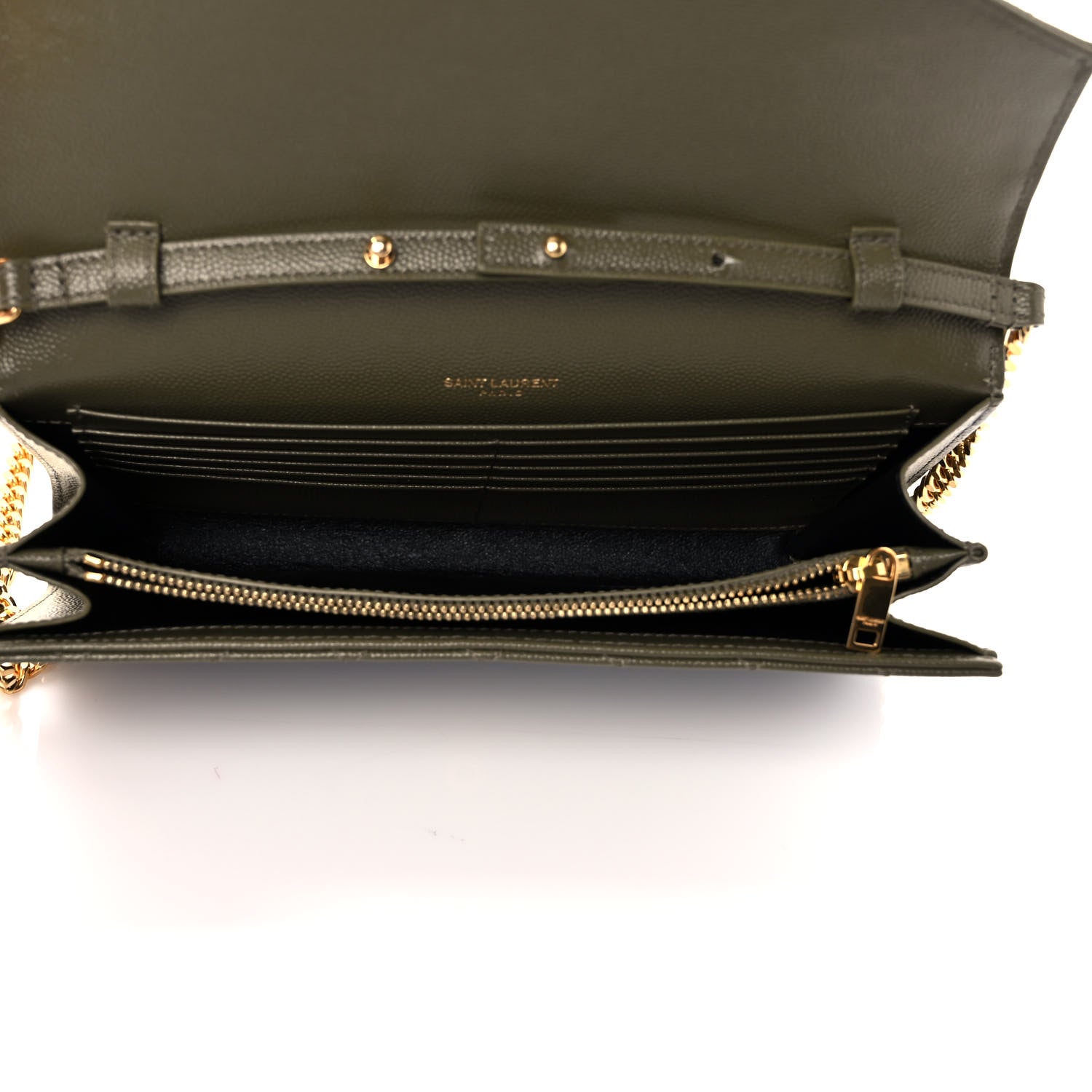 Saint Laurent Grain De Poudre Mixed Matelasse Triquilt Monogram Chain Wallet Kaki 4 of 7