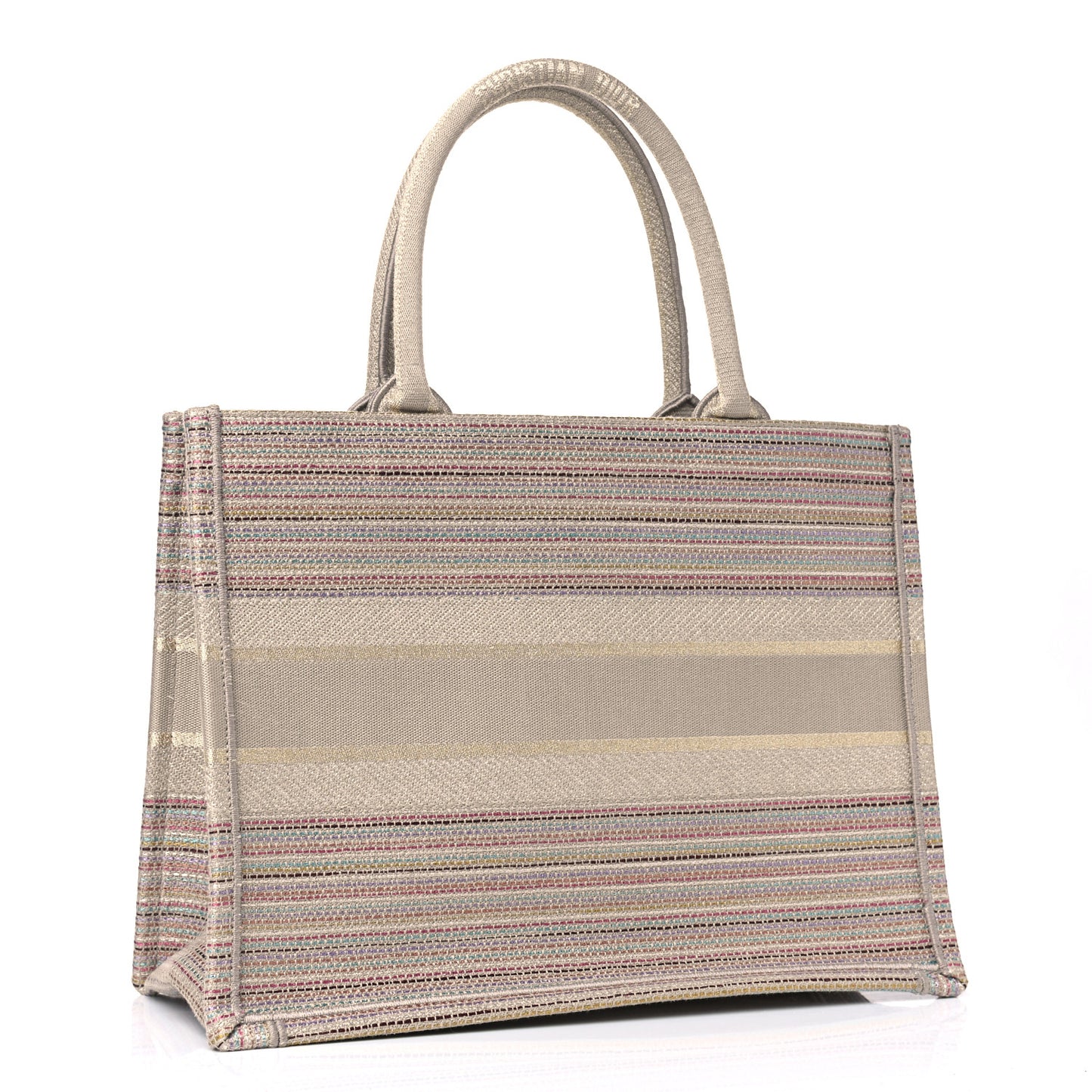 Canvas Embroidered Medium Stripes Book Tote Beige Multicolor