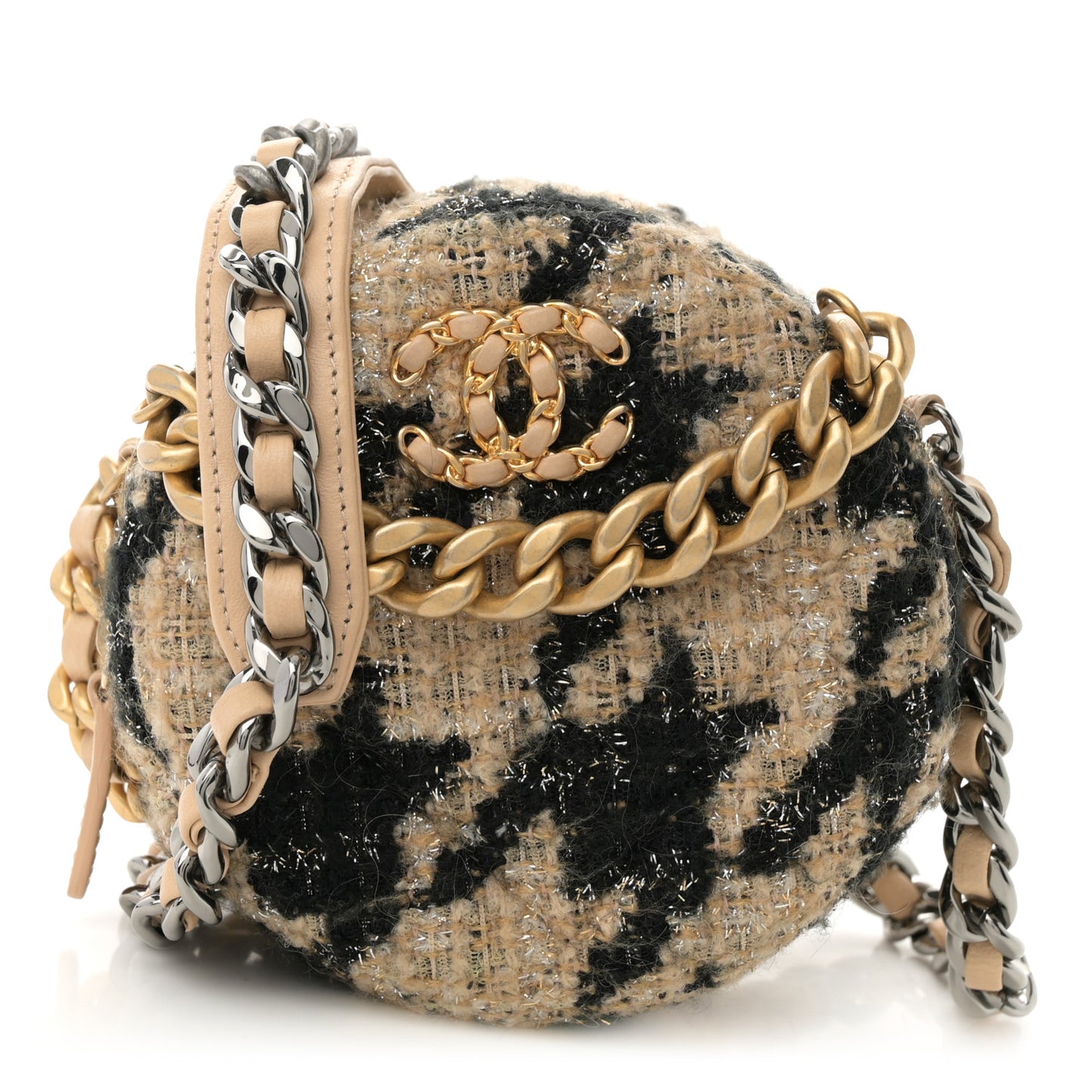 Wool Tweed Lambskin Quilted Chanel 19 Round Clutch With Chain and Coin Purse Beige Black