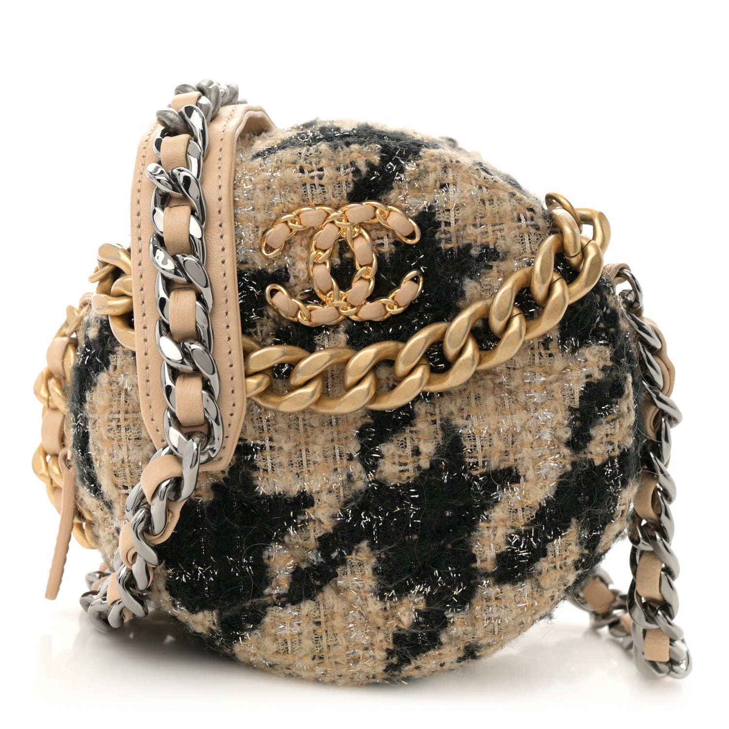 Chanel Wool Tweed Lambskin Quilted Chanel 19 Round Clutch With Chain and Coin Purse Beige Black 1 of 10
