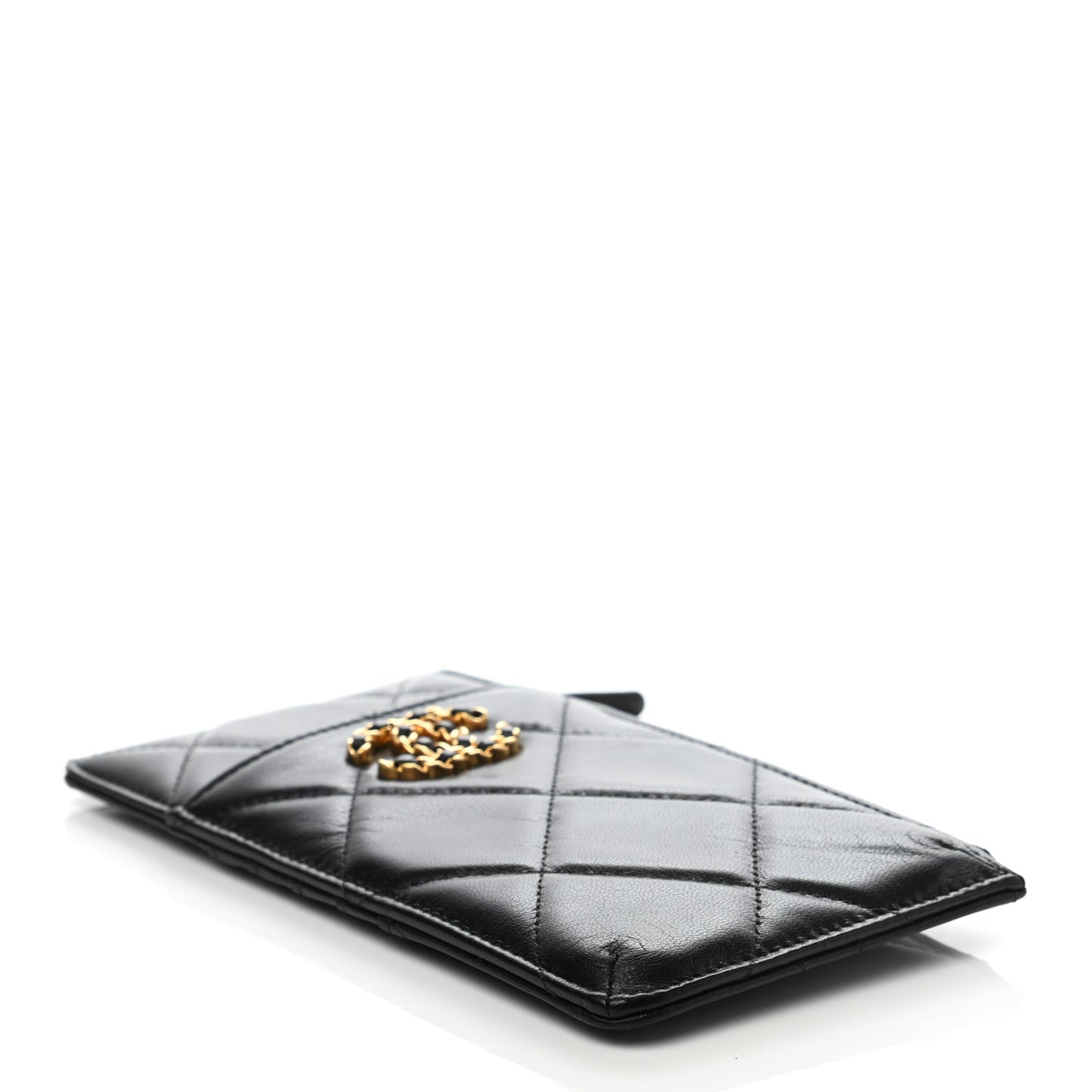 Shiny Goatskin Quilted Chanel 19 Phone and Card Holder Black