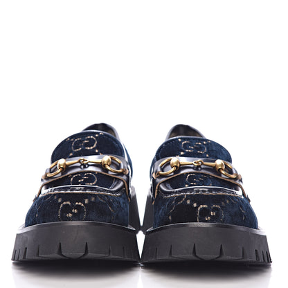 Gucci Velvet Cordovan Lux Granada Kid GG Monogram Womens Harald Horsebit 25mm Platform Loafers 39 Blue Beige 2 of 8