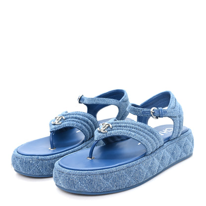 Chanel Denim Quilted CC Platform Thong Sandals 40 Blue 4 of 10