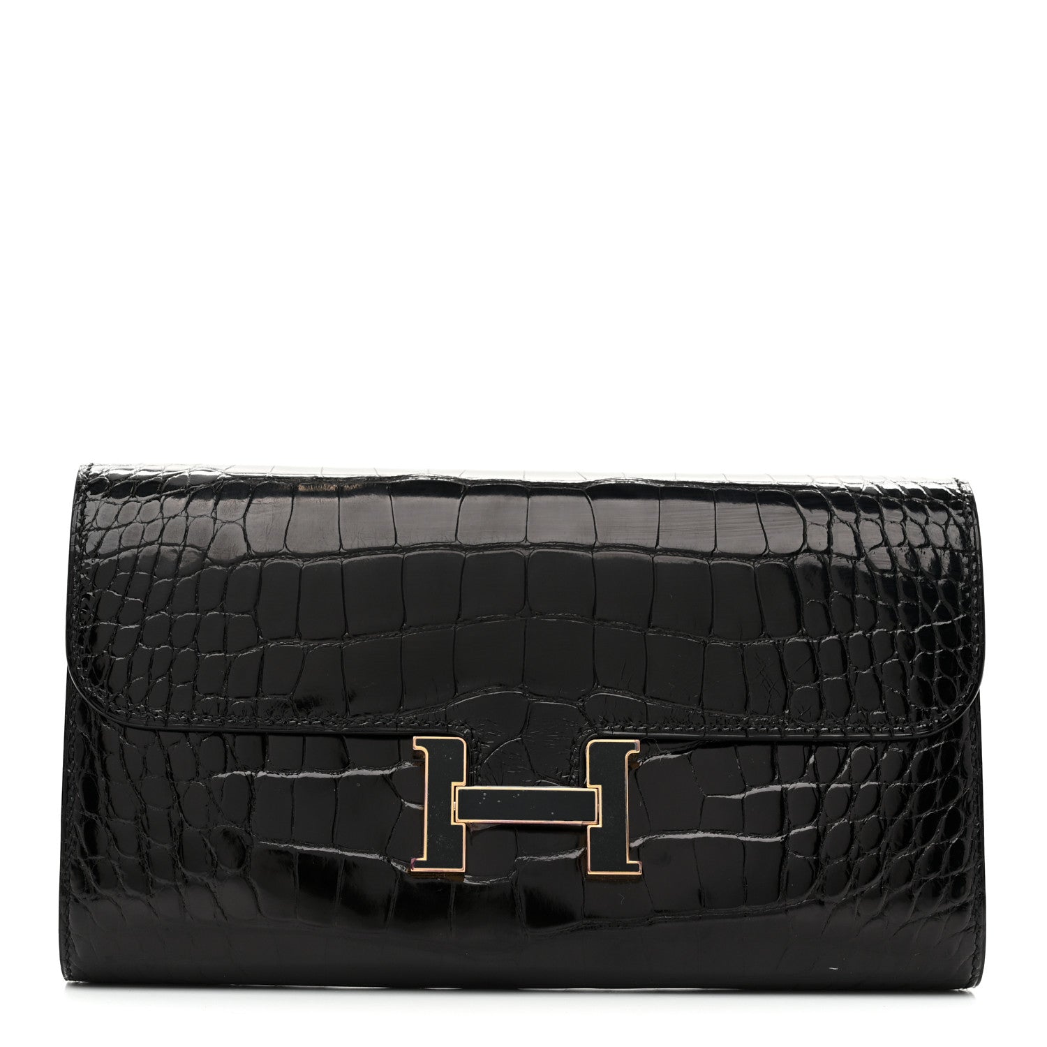 Hermes Shiny Alligator Enamel Constance Long Wallet To Go Black 1 of 10