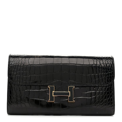 Hermes Shiny Alligator Enamel Constance Long Wallet To Go Black 1 of 10