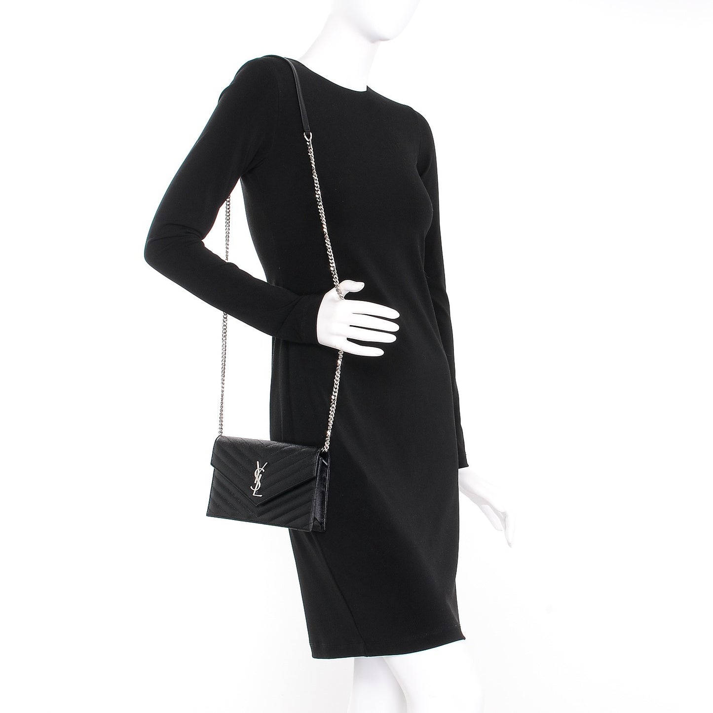 Grain De Poudre Matelasse Chevron Monogram Envelope Chain Wallet Black