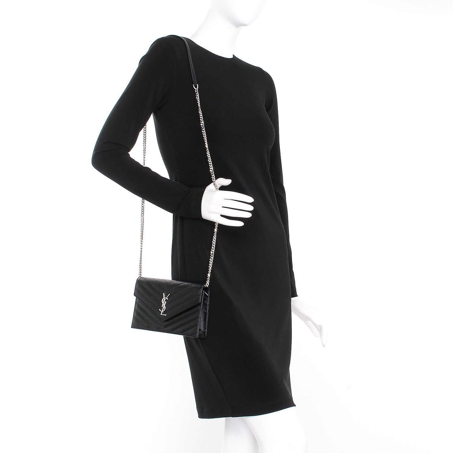 Saint Laurent Grain De Poudre Matelasse Chevron Monogram Envelope Chain Wallet Black 2 of 10