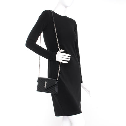 Saint Laurent Grain De Poudre Matelasse Chevron Monogram Envelope Chain Wallet Black 2 of 10