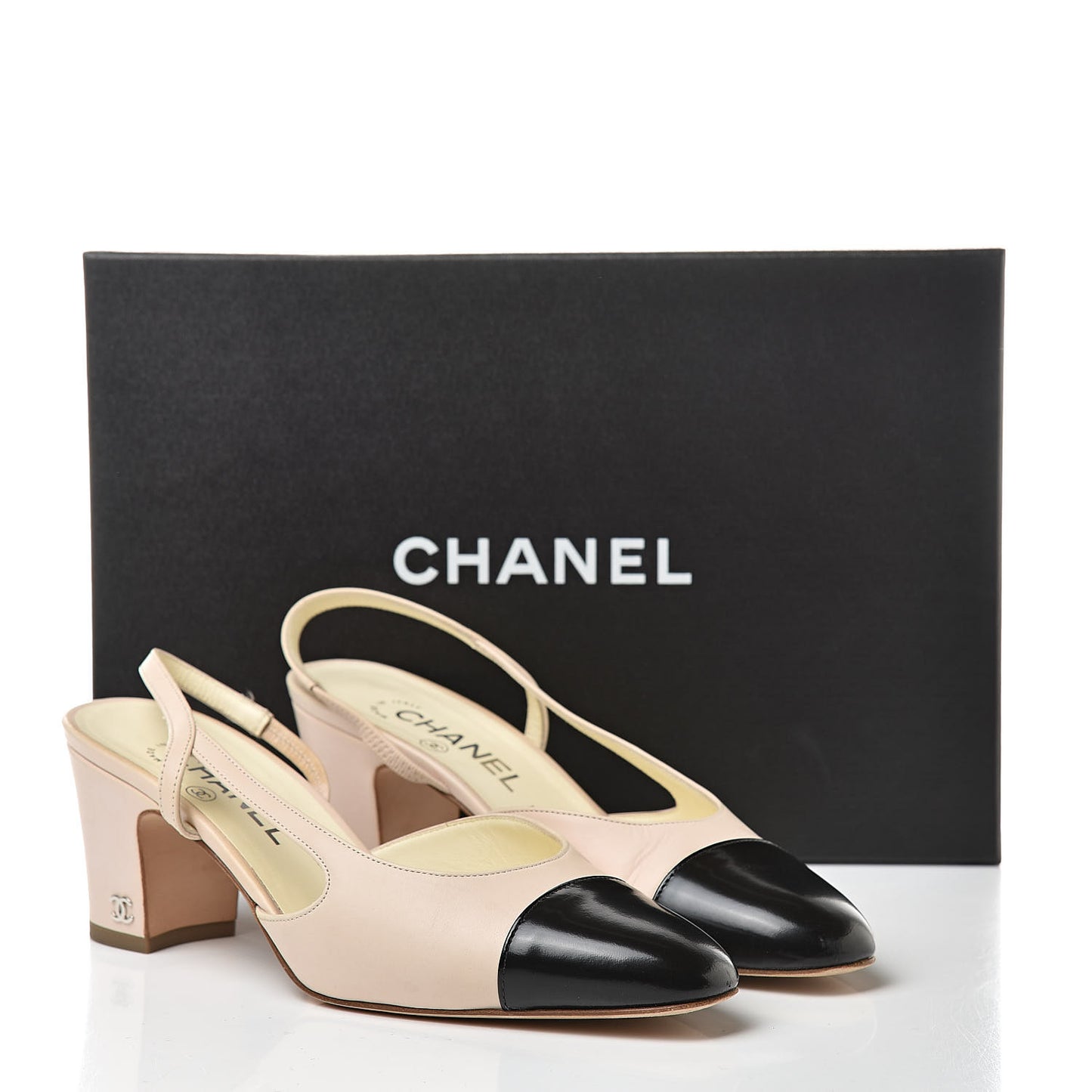 Calfskin Cap Toe CC Slingback Pumps 38 Beige Black