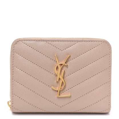 Saint Laurent Grain De Poudre Matelasse Chevron Monogram Compact Zip Around Wallet Dark Latte 1 of 8