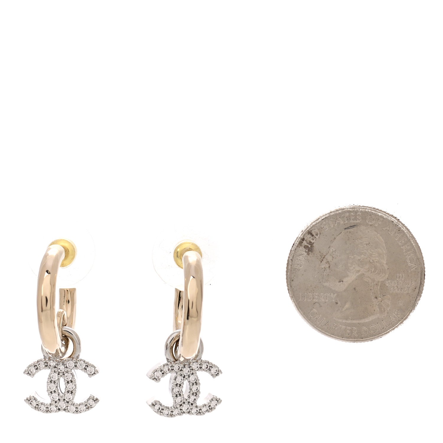 Chanel Metal Crystal CC Hoop Drop Earrings Gold 2 of 4