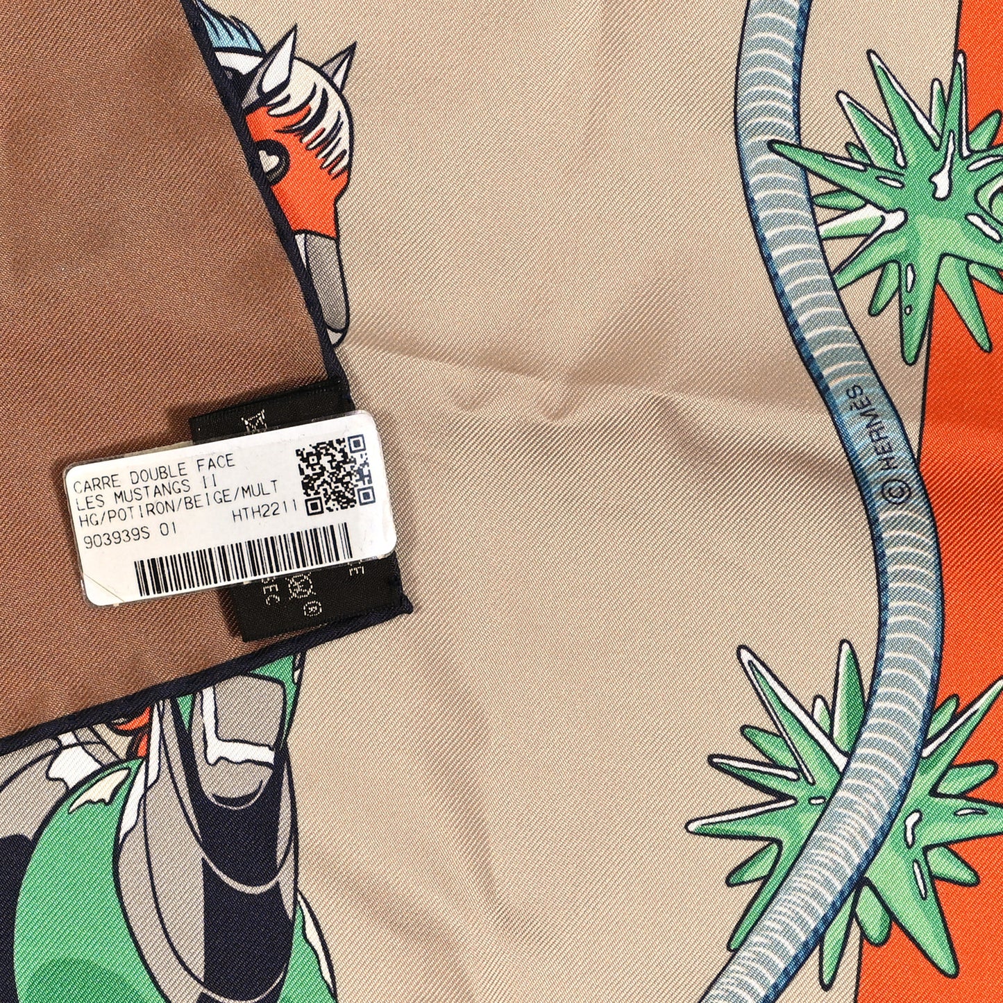 Silk Les Mustangs Double Face Scarf 90 Potiron Beige Multi