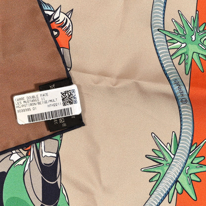 Hermes Silk Les Mustangs Double Face Scarf 90 Potiron Beige Multi 4 of 5