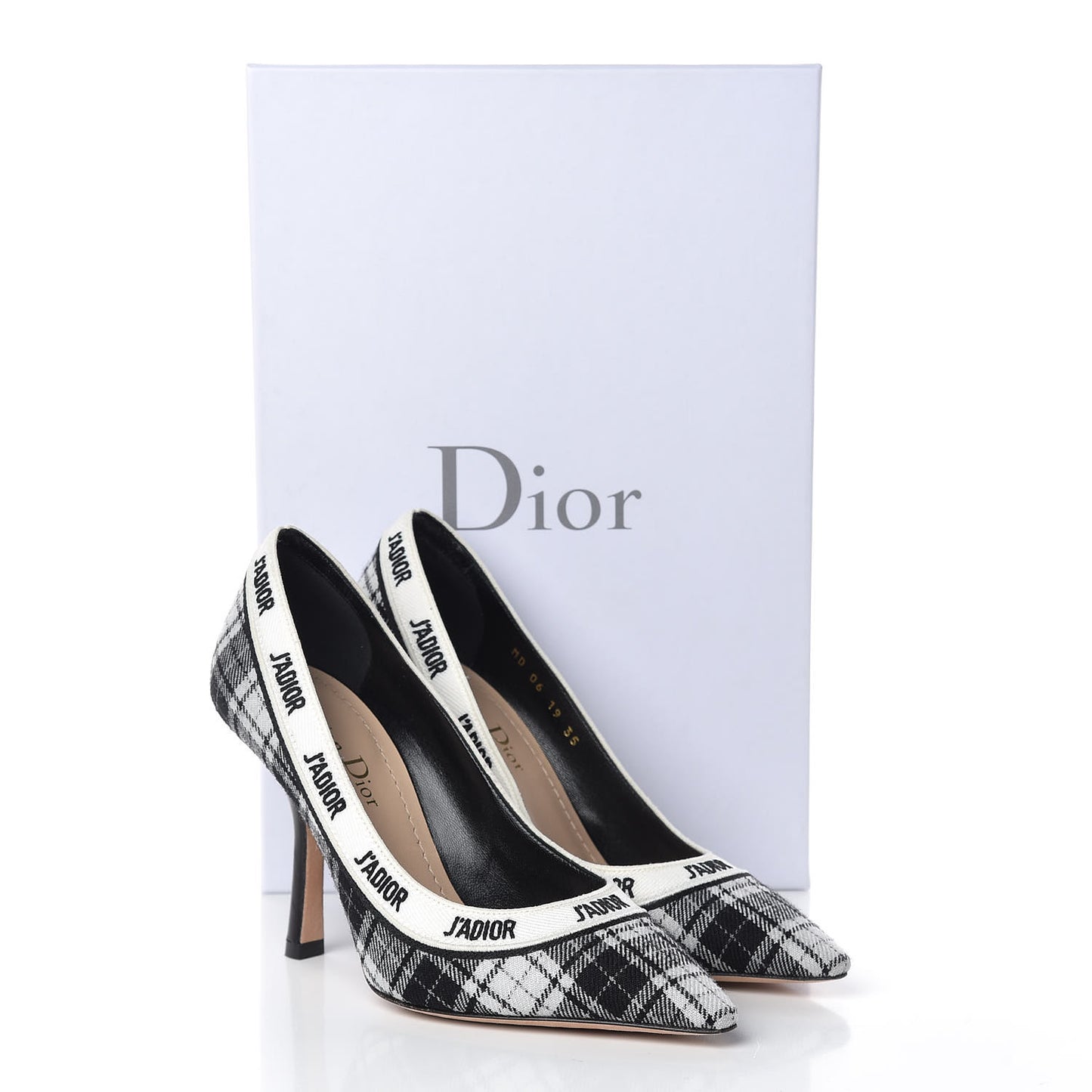 Canvas Ribbon Tartan Print Embroidered J'Adior 100mm Pumps 35 Black Off White