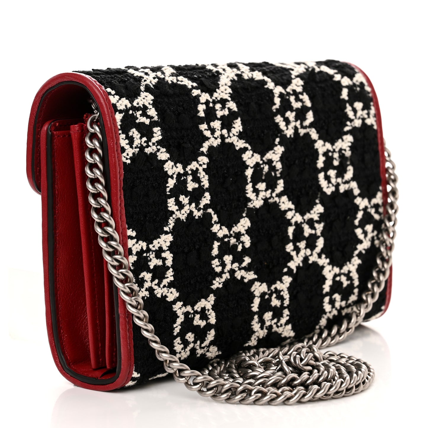 Tweed GG Monogram Mini Dionysus Chain Wallet Black White Romantic Cherry