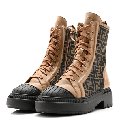 Fendi Fabric Jacquard Vitello FF Domino 50mm Biker Boots 41 Tobacco Black Sand 3 of 11