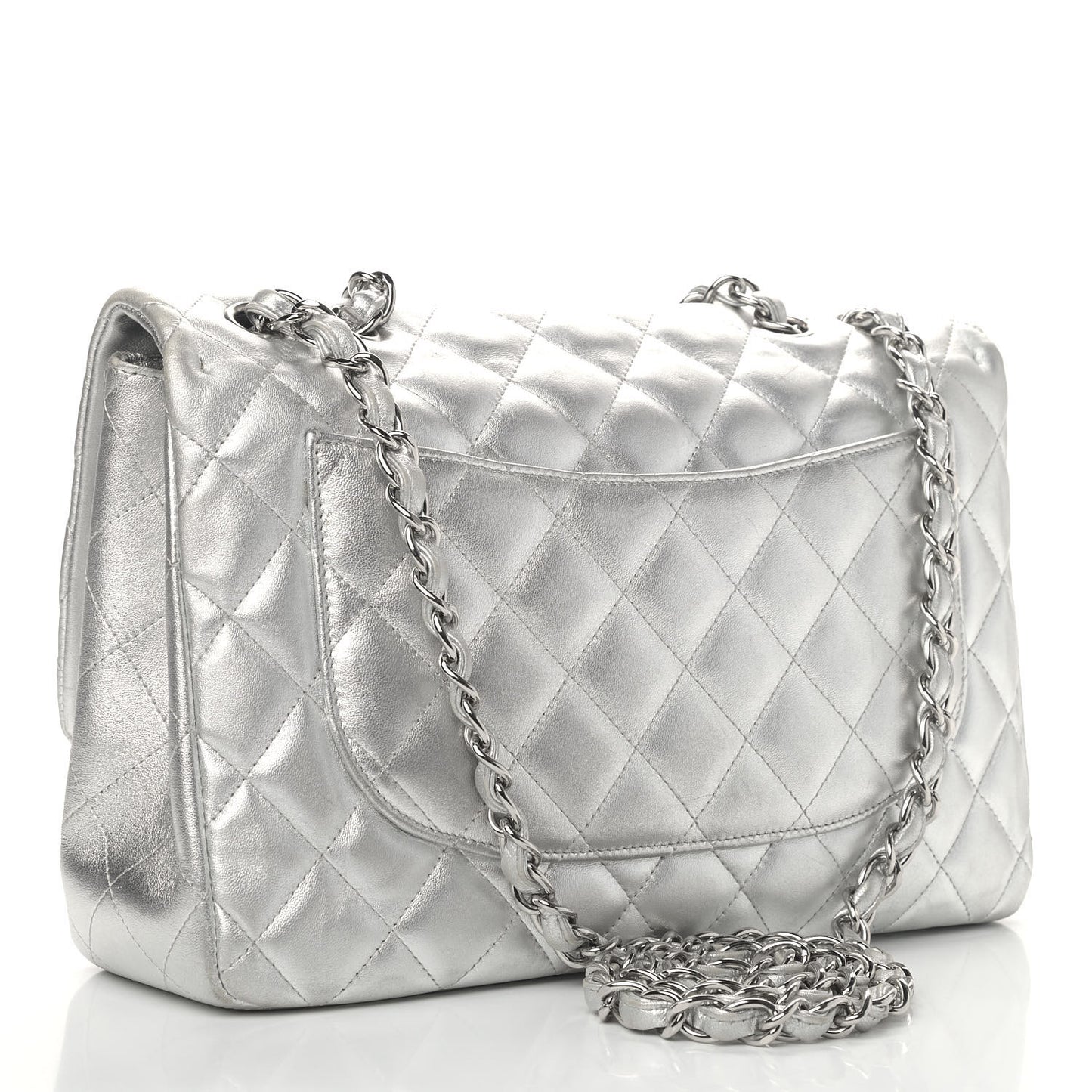 Metallic Lambskin Quilted Jumbo Single Flap Silver