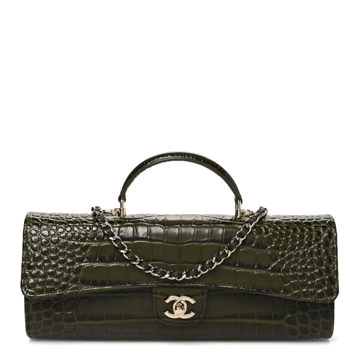 Chanel Calfskin Crocodile Embossed Top Handle Long Clutch With Chain Khaki 1 of 12