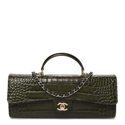 Chanel Calfskin Crocodile Embossed Top Handle Long Clutch With Chain Khaki 1 of 12