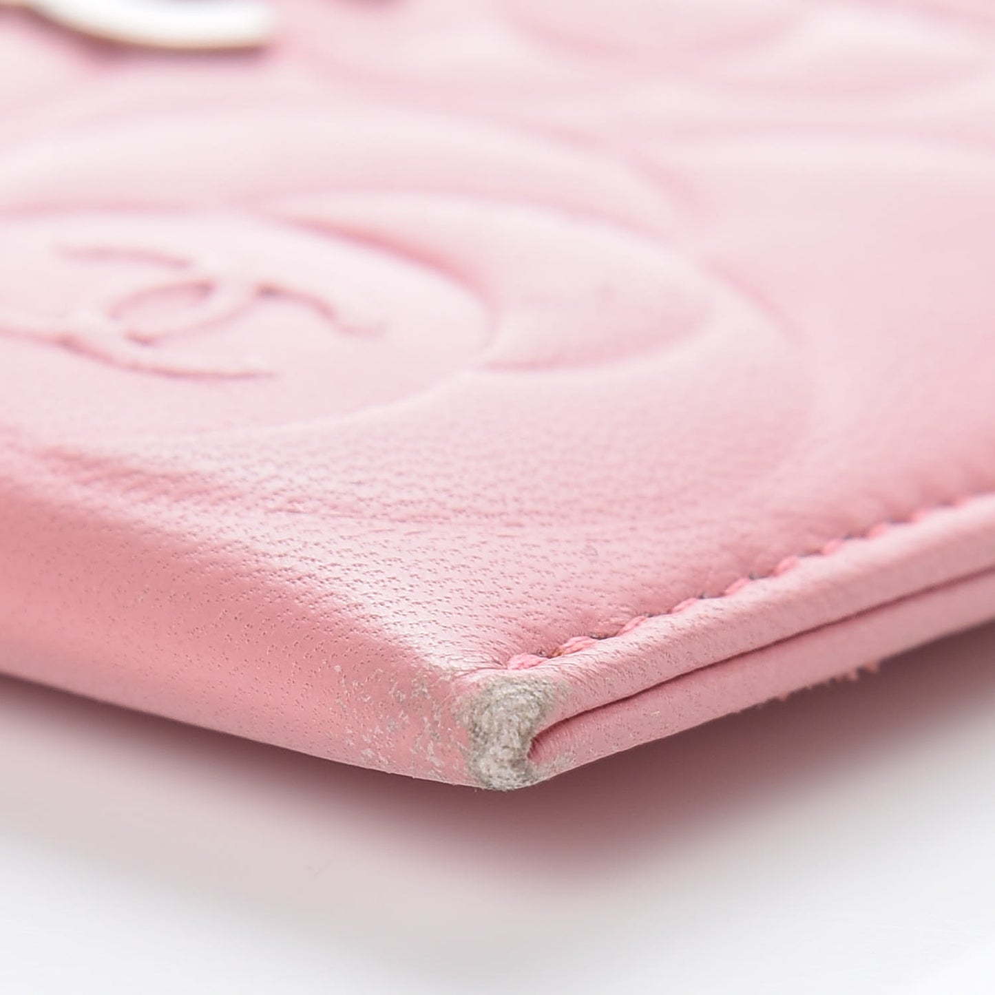 Lambskin Camellia Embossed Card Holder Pink
