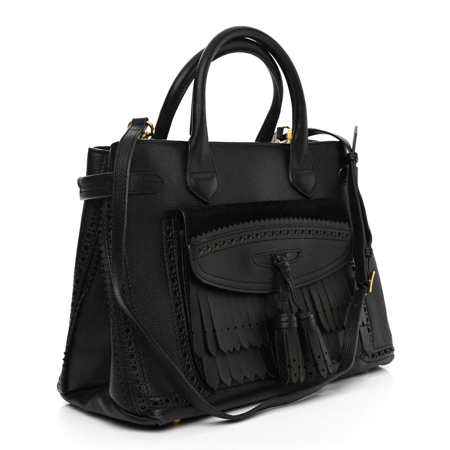 Grainy Calfskin Perforated Medium Broguing Tassel Banner Tote Black