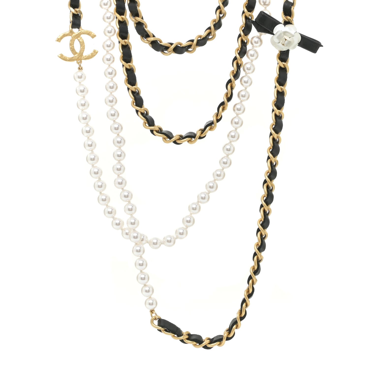 Chanel Pearl Lambskin Chain 90's Camellia CC Multi Strand Necklace Gold Black 1 of 6