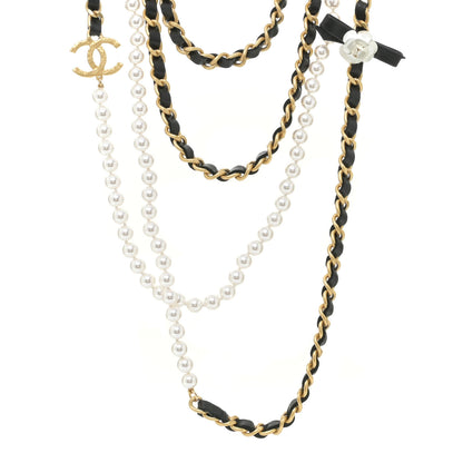Chanel Pearl Lambskin Chain 90's Camellia CC Multi Strand Necklace Gold Black 1 of 6