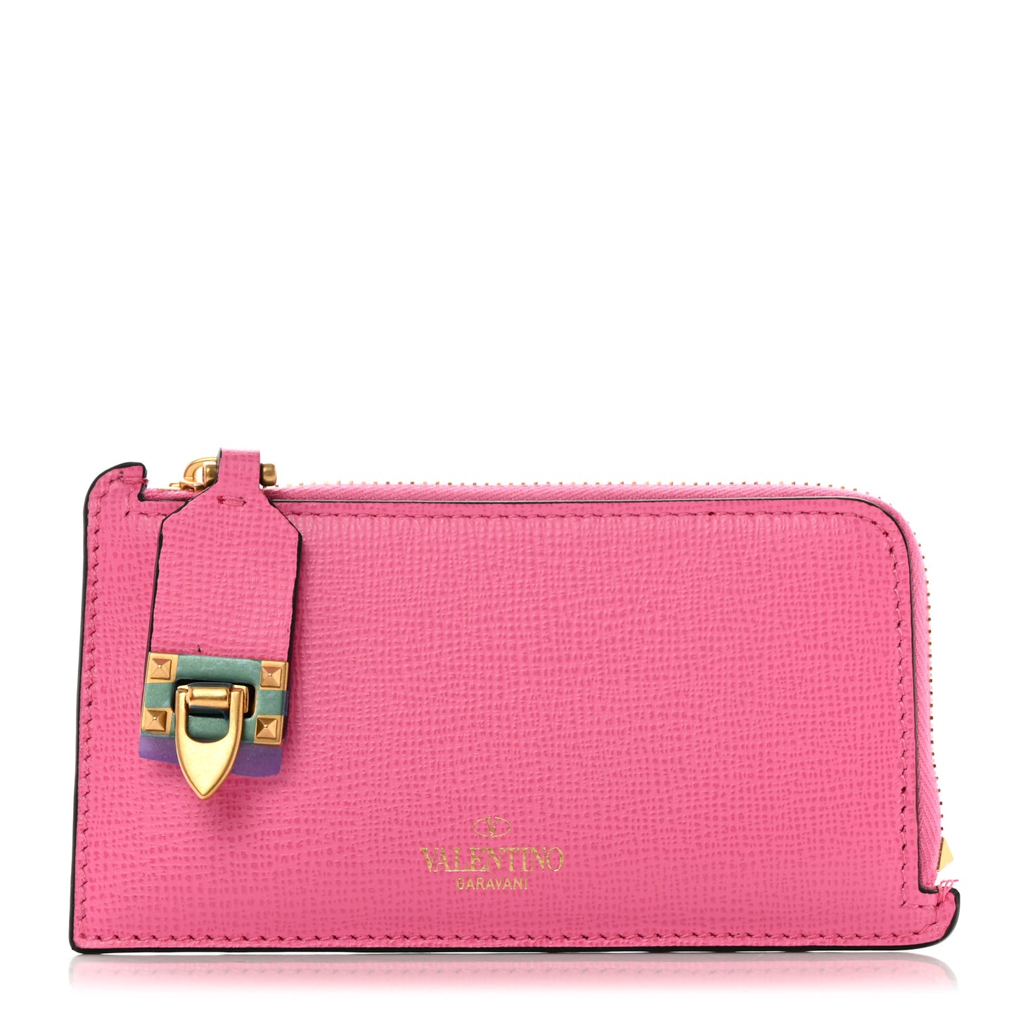 Grainy Calfskin Rockstud Coin Case Card Holder Pink
