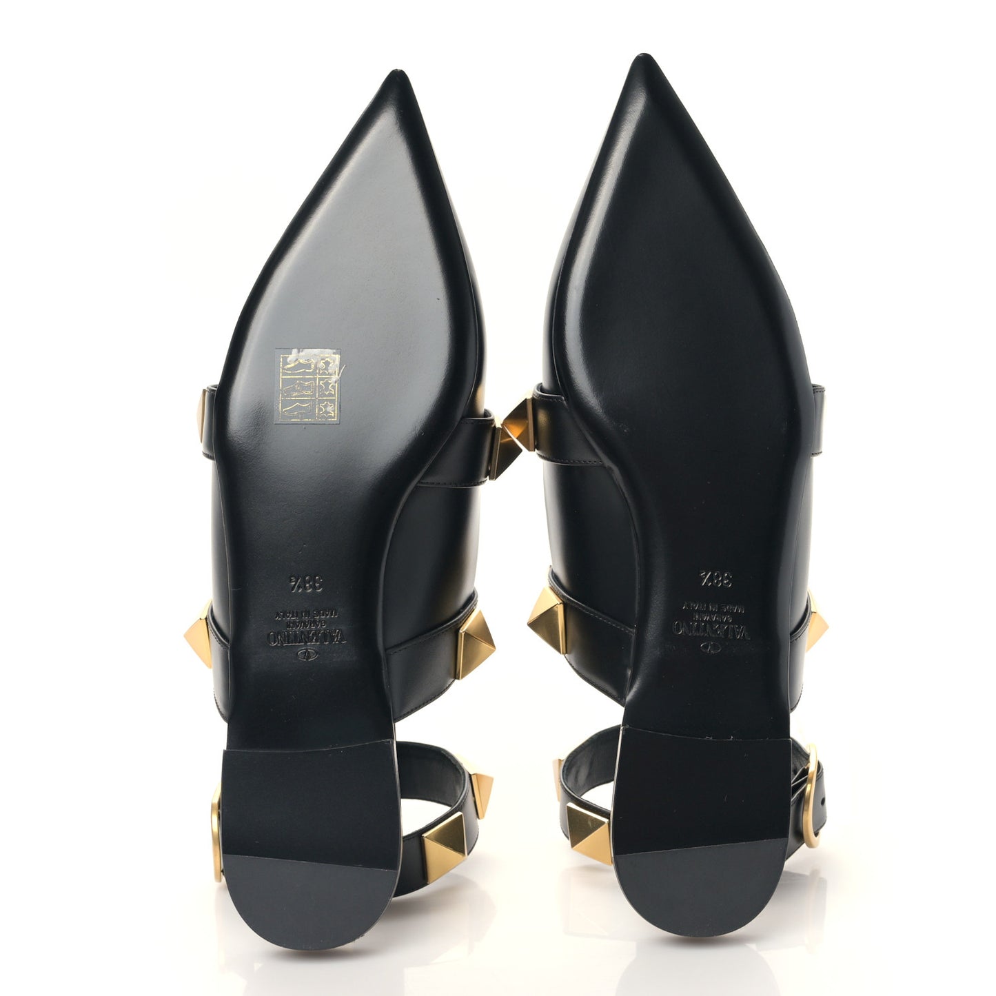 Calfskin Roman Stud Ankle Strap Flat Mules 38.5 Black