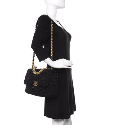 Chanel Tweed Quilted Large 19 Flap Black Navy Gold 2 of 11